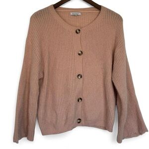 Crescent Blush Fuzzy Pink Cardigan Sweater Bell Sleeves Medium Cottagecore